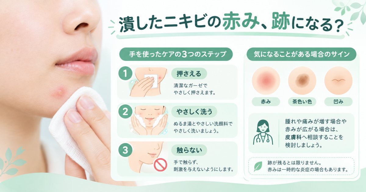 潰したニキビの赤みは跡になる?理由と今できる対処・受診目安