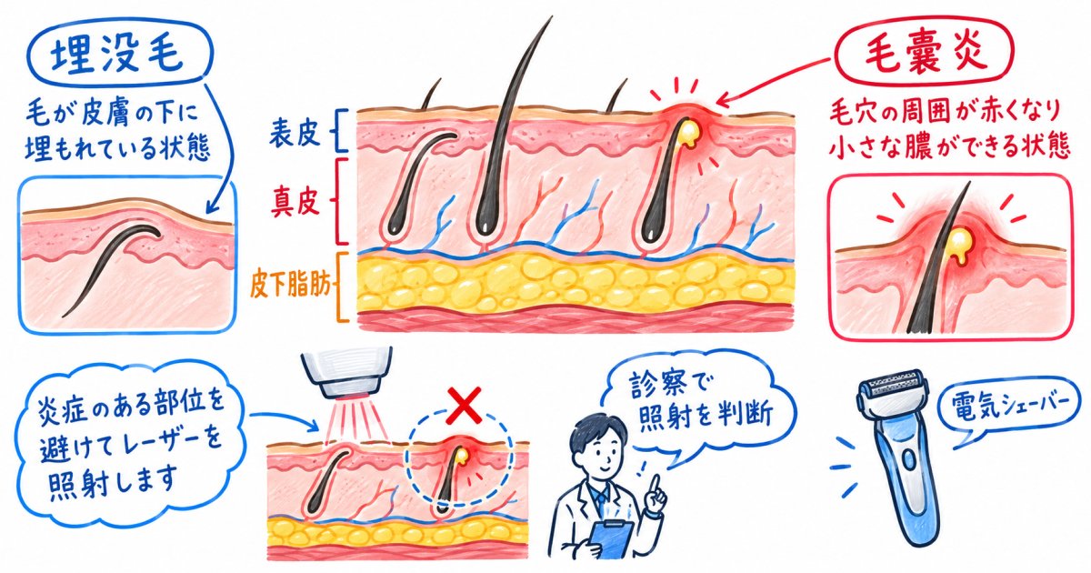 埋没毛や毛嚢炎があっても医療脱毛はできるのか、照射の可否と皮膚科での治療